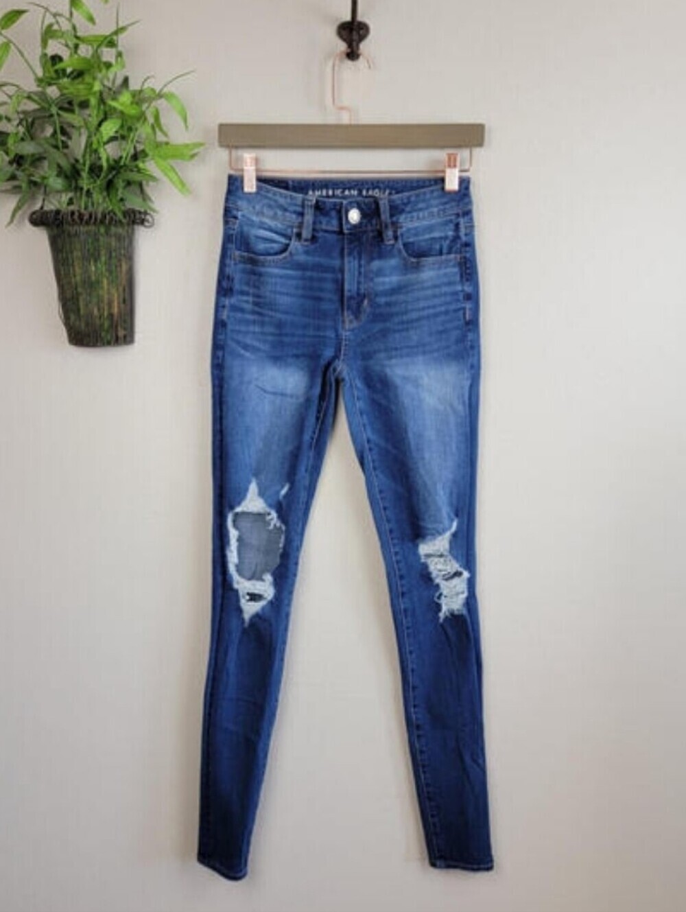 AE 2 American Eagle Skinny Jeans Hi Rise Jegging Distressed Medium Wash Stretch